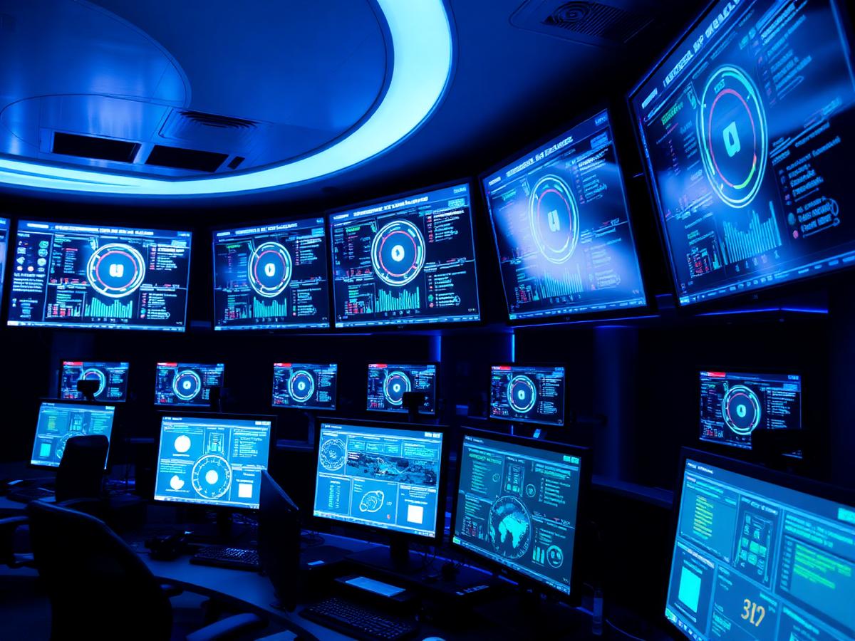 Modern cybersecurity operations center with monitors