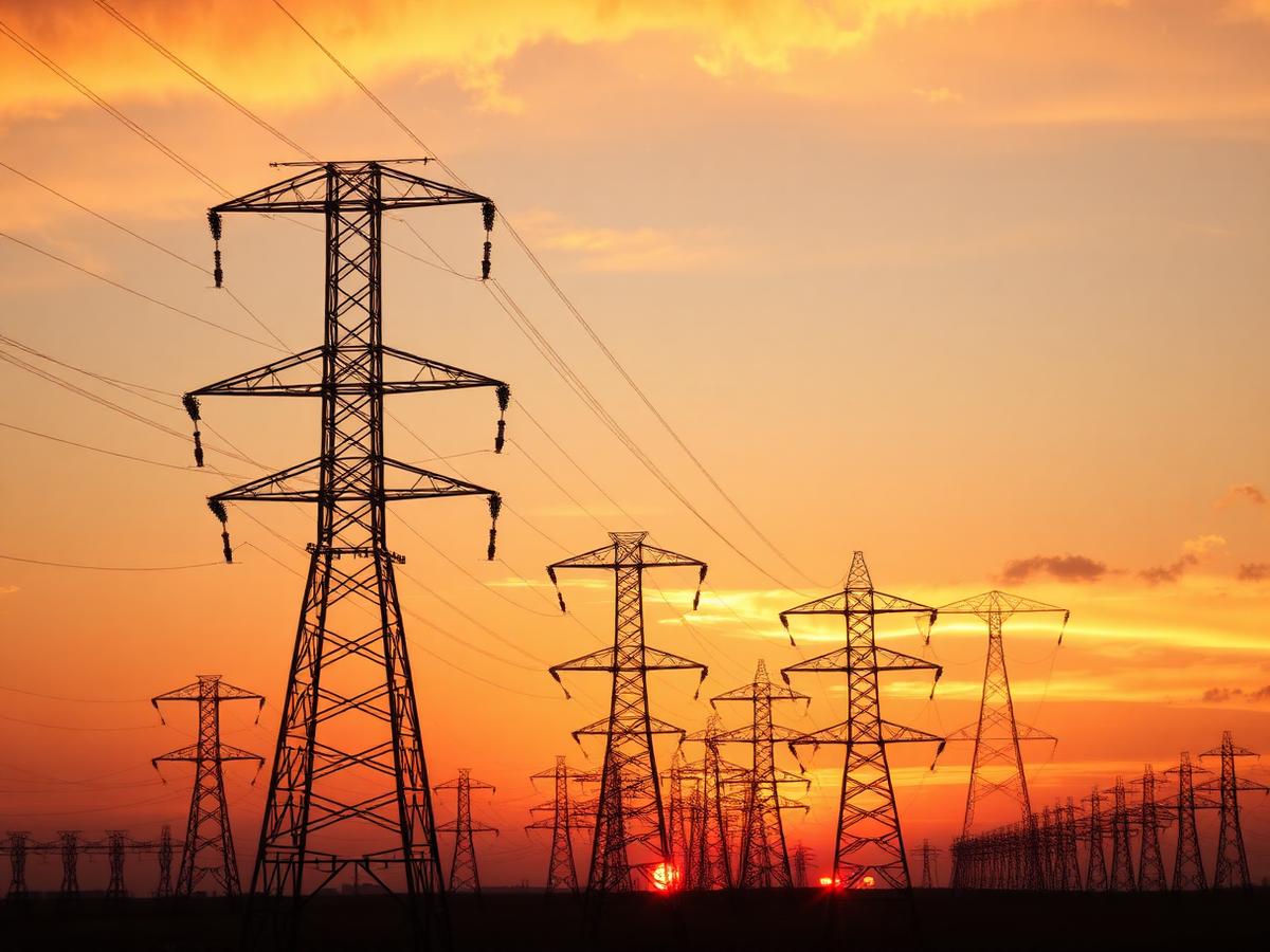 High-voltage transmission towers at sunset