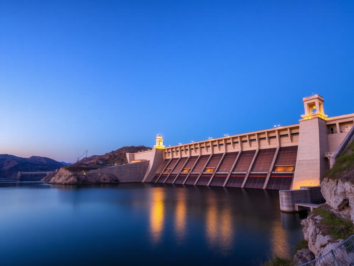 Massive dam infrastructure at twilight